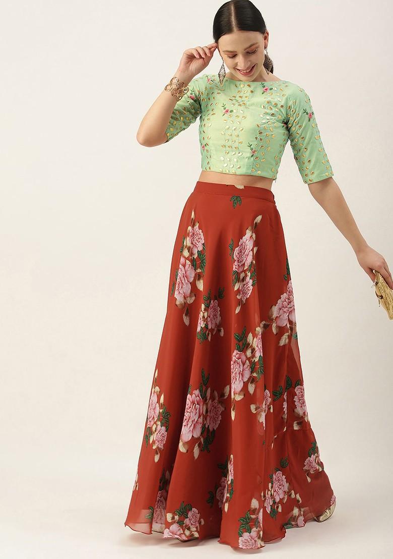 Green Embellished Poly Blend Lehenga Set