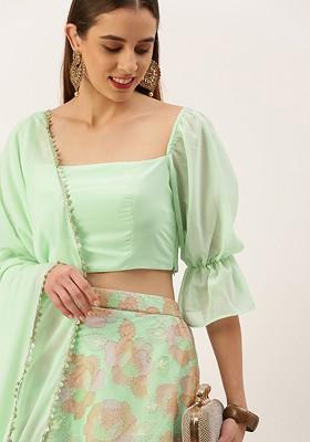 Green Sequin Embroidered Poly Blend Lehenga Set