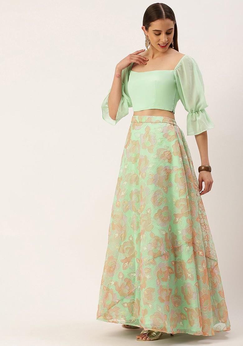 Green Sequin Embroidered Poly Blend Lehenga Set