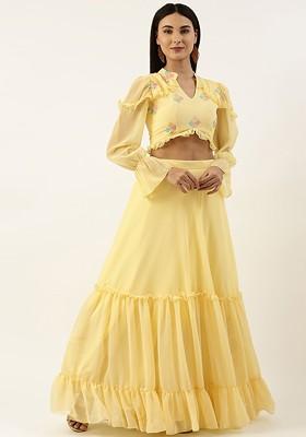 Yellow Sequin Embroidered Poly Blend Lehenga Set