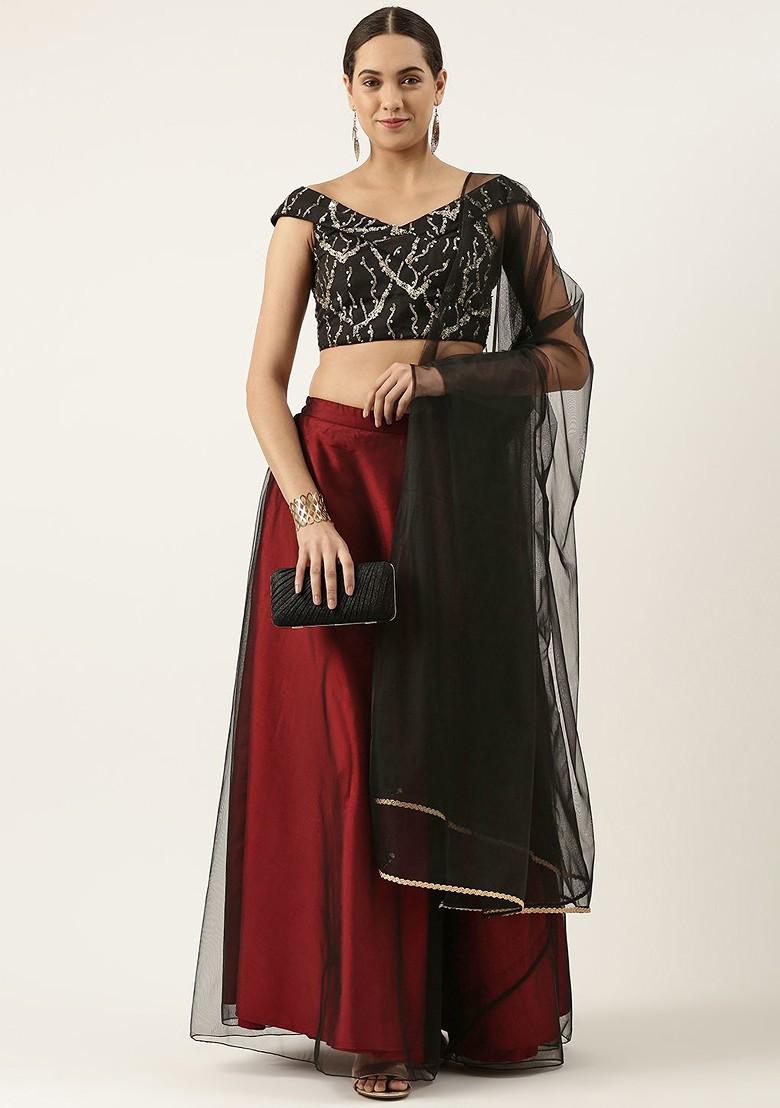 Black Sequin Embroidered Poly Blend Lehenga Set