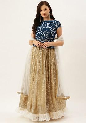 Beige Sequin Embroidered Poly Blend Lehenga Set