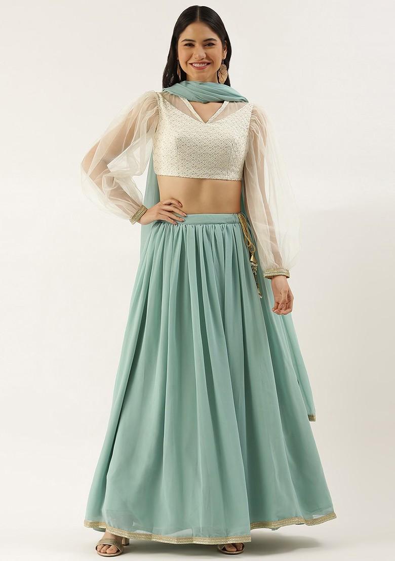 Green Sequin Embroidered Poly Blend Lehenga Set