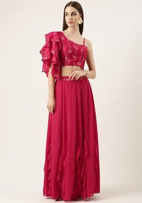 Pink Foil Print Poly Blend Lehenga Set