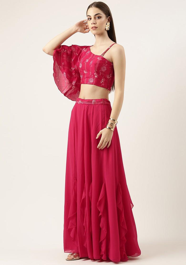 Pink Foil Print Poly Blend Lehenga Set