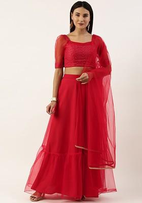 Red Sequin Embroidered Poly Blend Lehenga Set