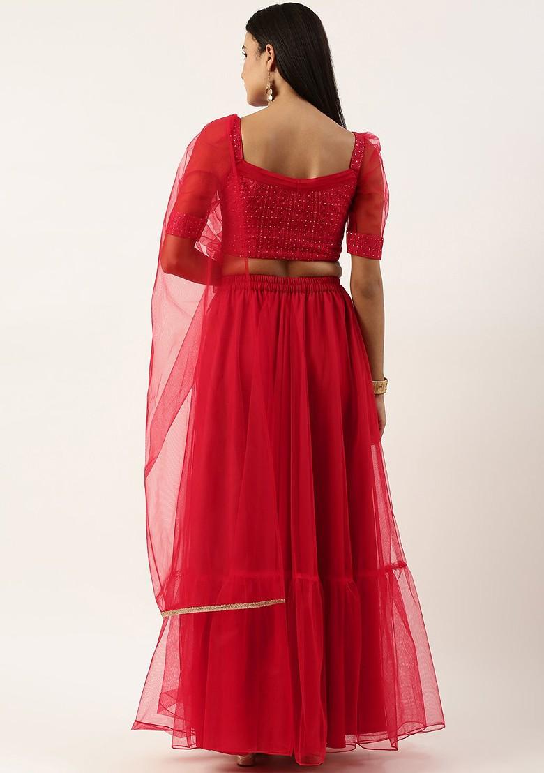 Red Sequin Embroidered Poly Blend Lehenga Set