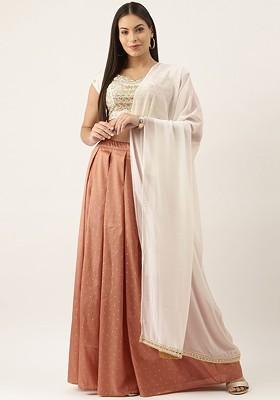 White Thread Embroidered Poly Blend Lehenga Set