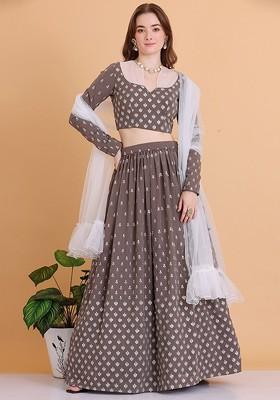 Grey Thread Embroidered Poly Blend Lehenga Set