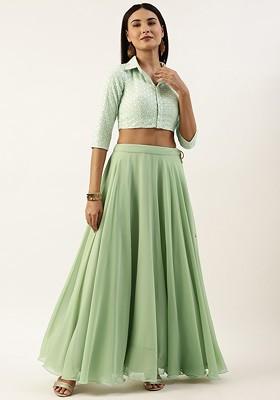 Sea Green Sequin Embroidered Poly Blend Lehenga Set