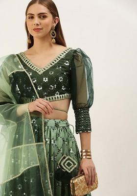 Green Solid Poly Blend Lehenga Set