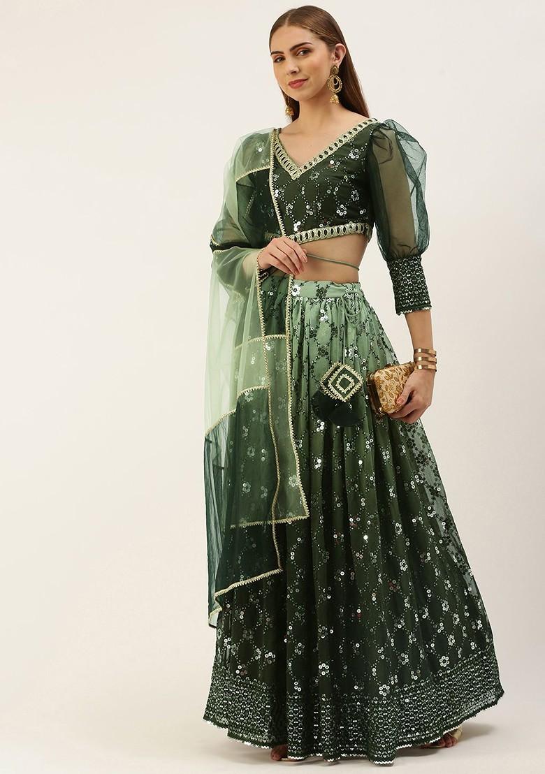 Green Solid Poly Blend Lehenga Set