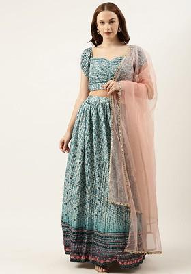 Blue Printed Poly Blend Lehenga Set