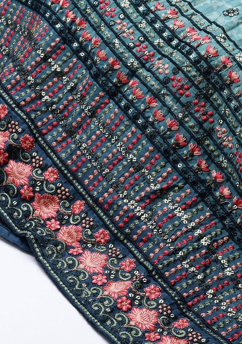 Blue Printed Poly Blend Lehenga Set