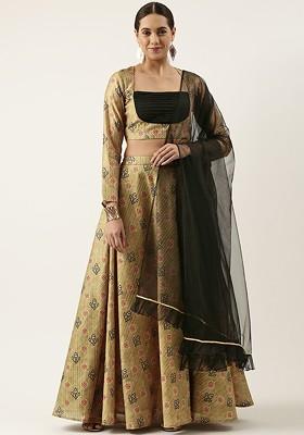 Green Printed Silk Lehenga Set