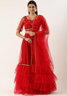 Red Mirror Embroidered Poly Blend Lehenga Set