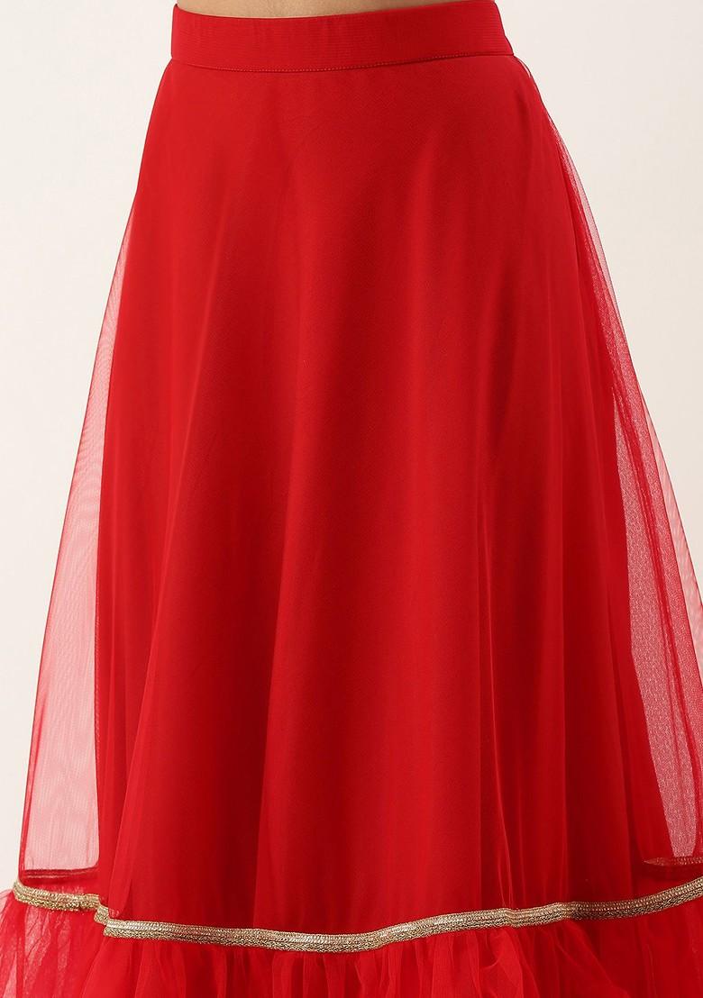 Red Mirror Embroidered Poly Blend Lehenga Set