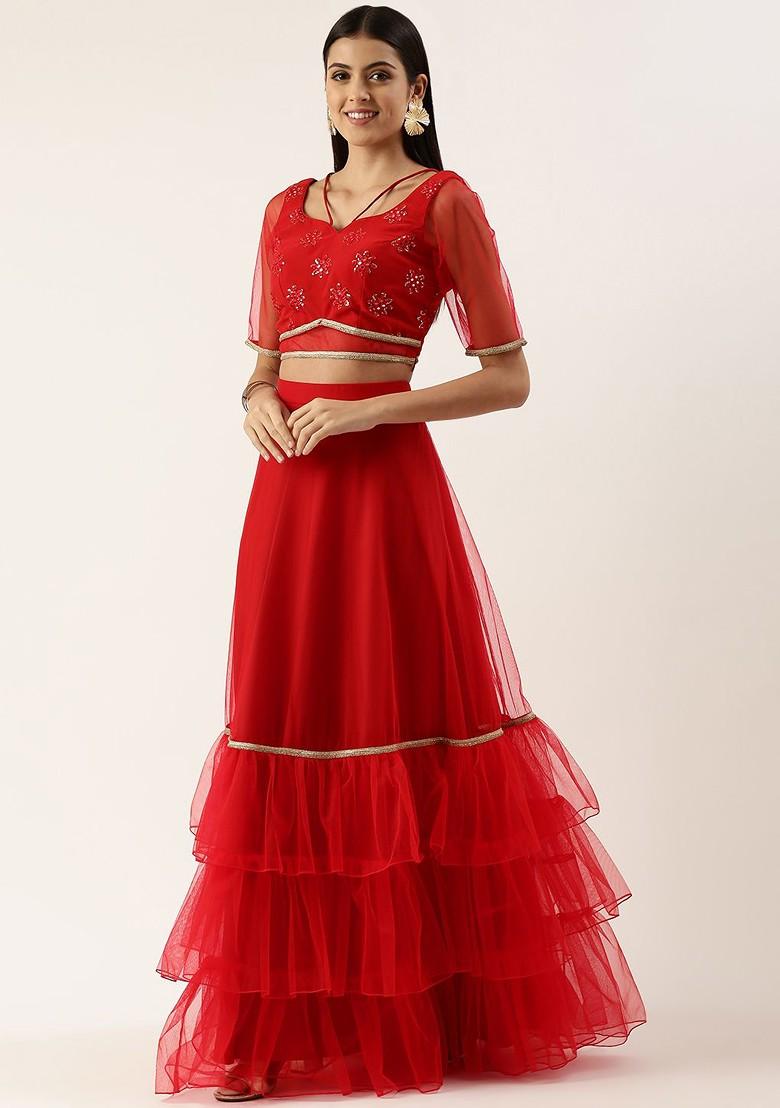 Red Mirror Embroidered Poly Blend Lehenga Set