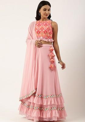 Pink Mirror Embroidered Poly Blend Lehenga Set