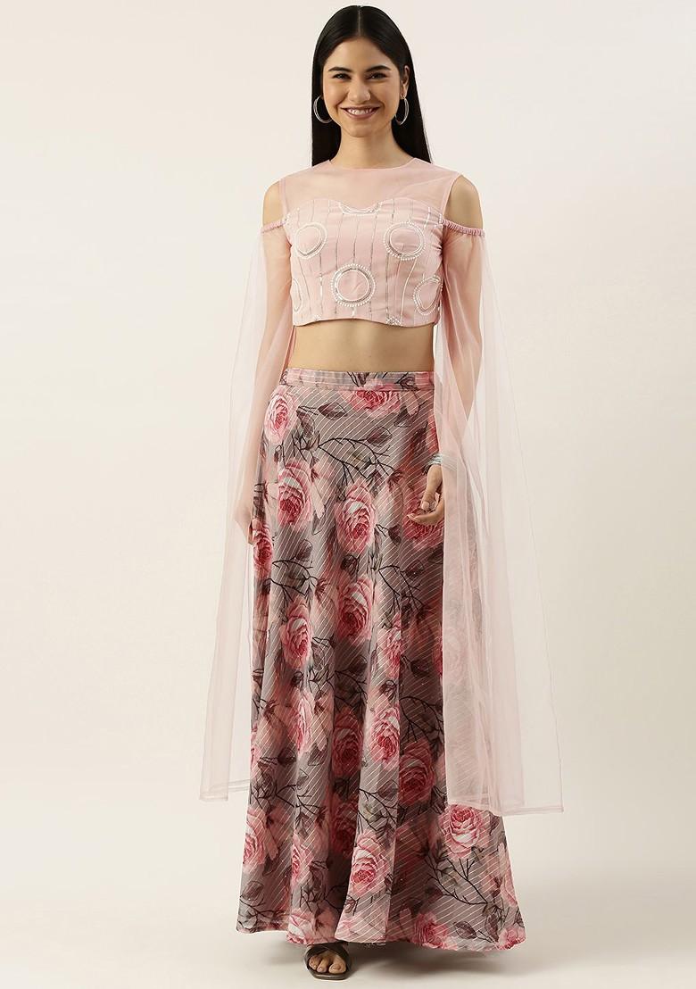 Pink Embroidered Poly Blend Lehenga Set