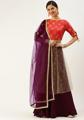 Beige Printed Poly Blend Lehenga Set