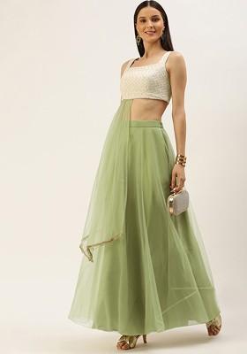 Off White Embroidered Poly Blend Lehenga Set