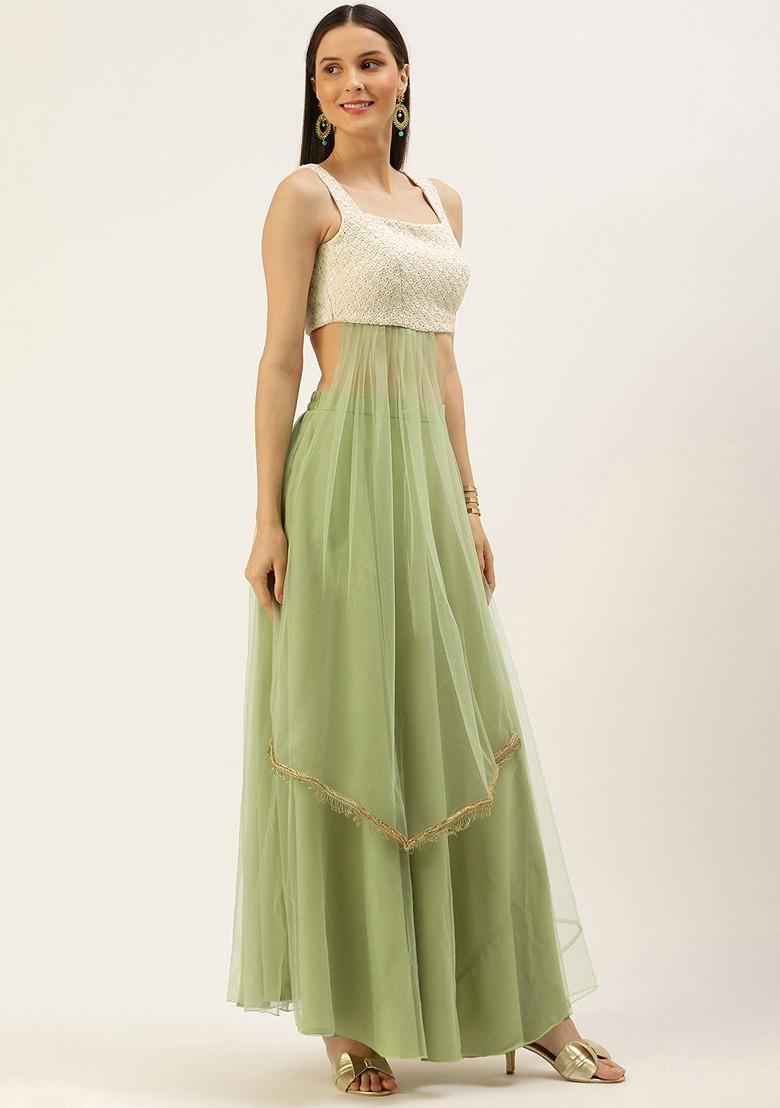 Off White Embroidered Poly Blend Lehenga Set