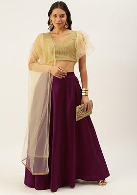 Beige Embroidered Poly Blend Lehenga Set