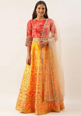 Mustard Bandhani Print Poly Blend Lehenga Set