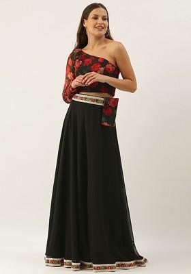 Black Thread Embroidered Poly Blend Lehenga Set