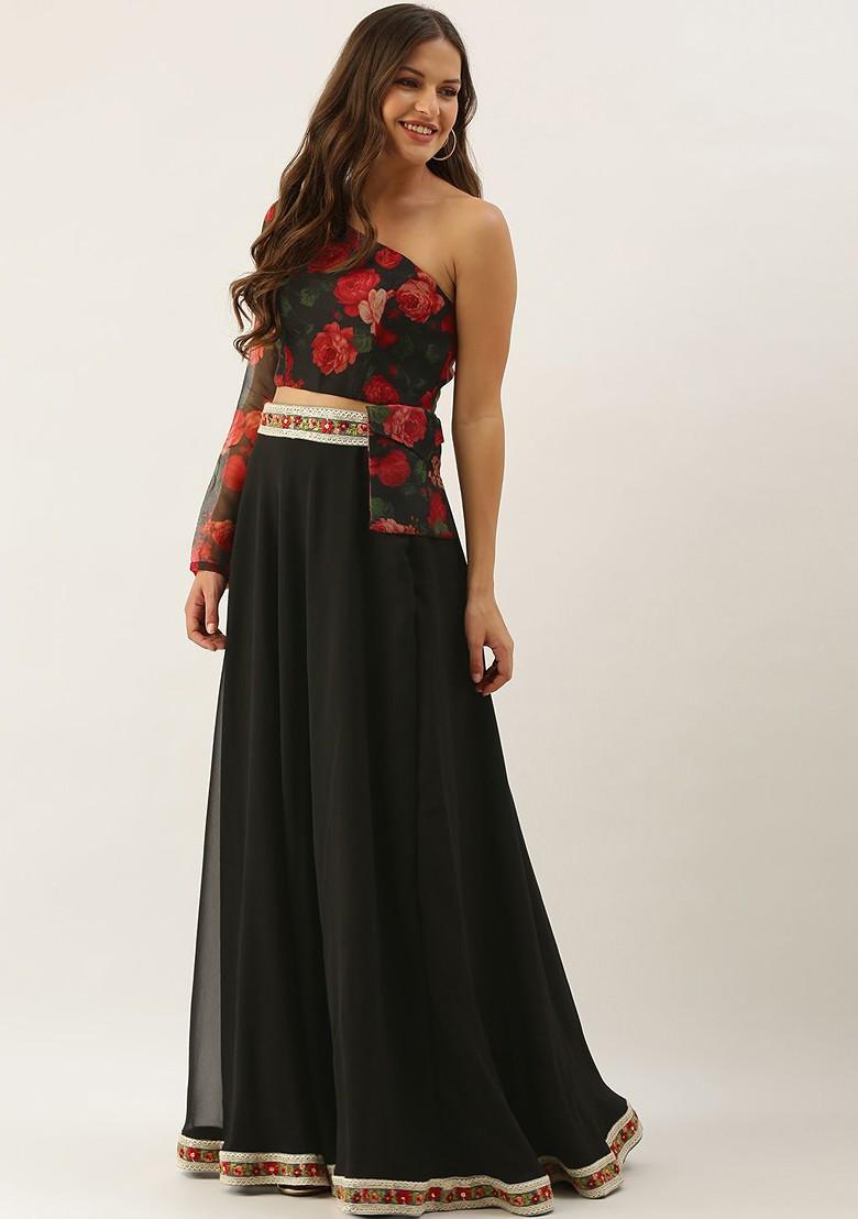 Black Thread Embroidered Poly Blend Lehenga Set