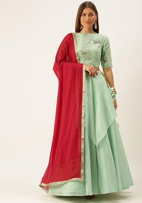 Green Thread Embroidered Poly Blend Lehenga Set