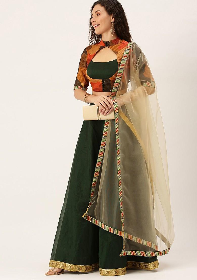 Green Printed Poly Blend Lehenga Set