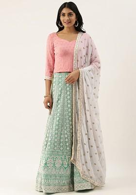 Pink Embroidered Poly Blend Lehenga Set