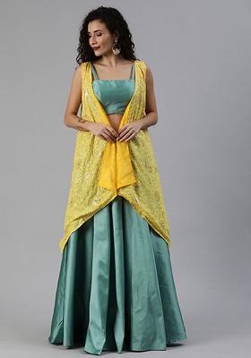 Turquoise Blue Solid Poly Blend Lehenga Set