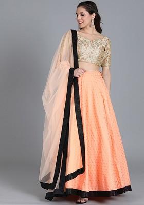 Beige Embroidered Poly Blend Lehenga Set