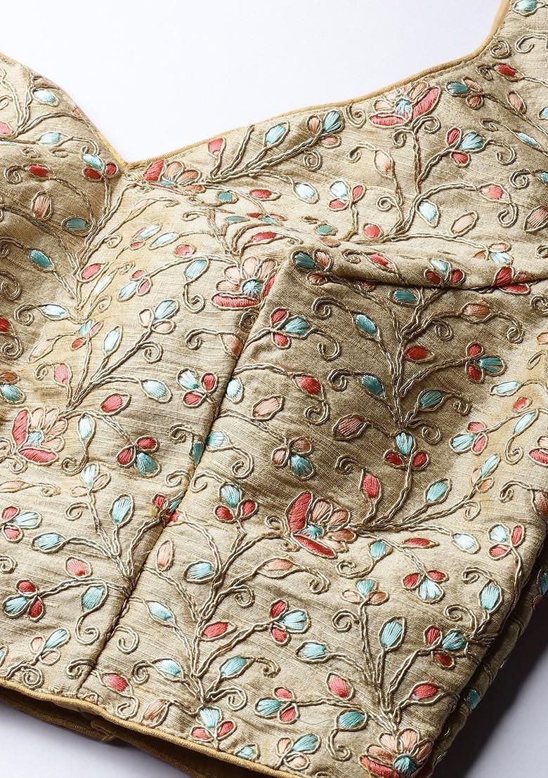 Beige Embroidered Poly Blend Lehenga Set