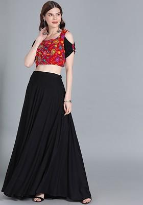 Black Solid Poly Blend Lehenga Set