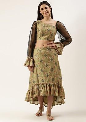 Green Thread Embroidered Poly Blend Lehenga Set