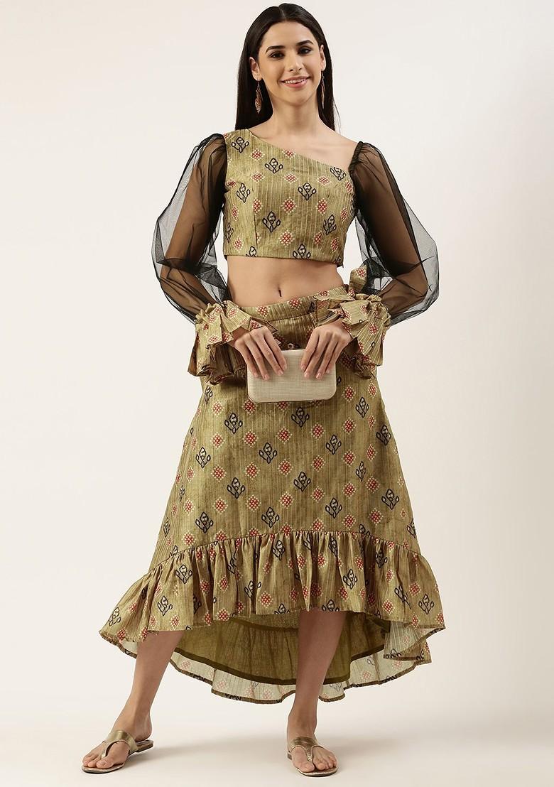 Green Thread Embroidered Poly Blend Lehenga Set