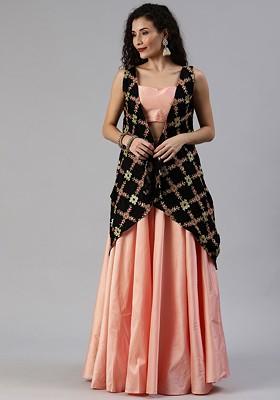 Peach Solid Poly Blend Lehenga Set