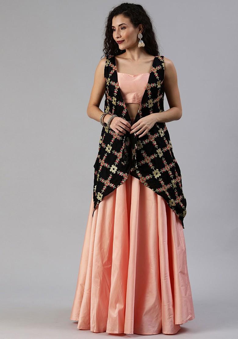 Peach Solid Poly Blend Lehenga Set