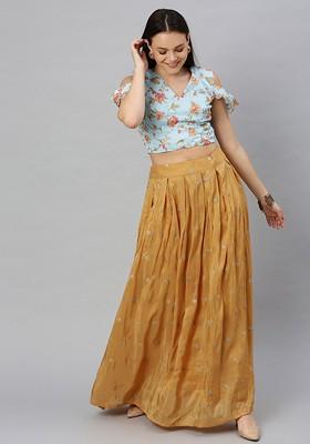 Blue Floral Embroidered Poly Blend Lehenga Set