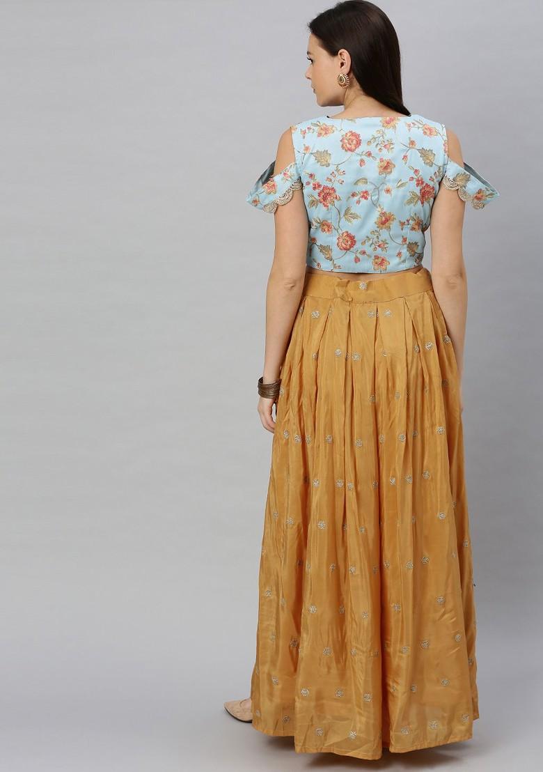 Blue Floral Embroidered Poly Blend Lehenga Set