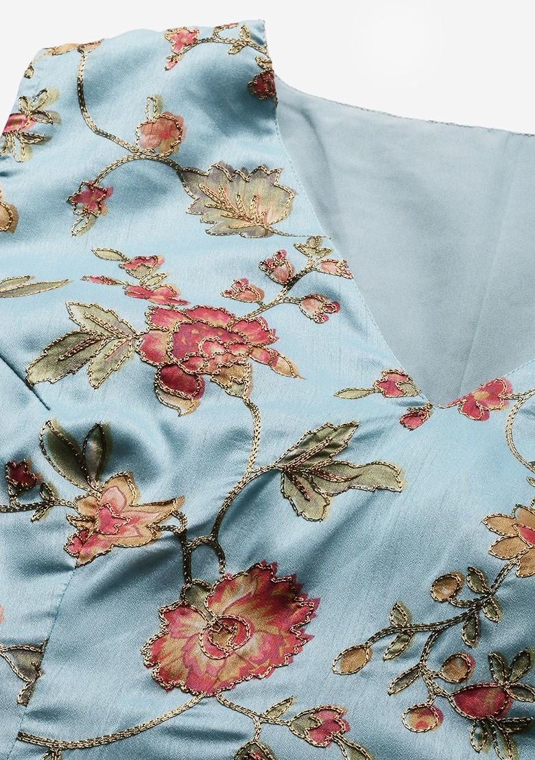 Blue Floral Embroidered Poly Blend Lehenga Set