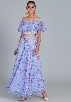 Blue Printed Poly Blend Lehenga Set