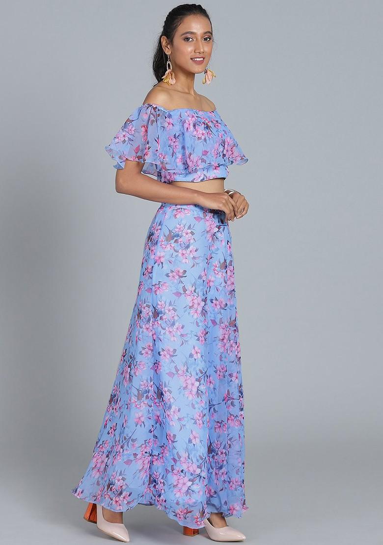 Blue Printed Poly Blend Lehenga Set