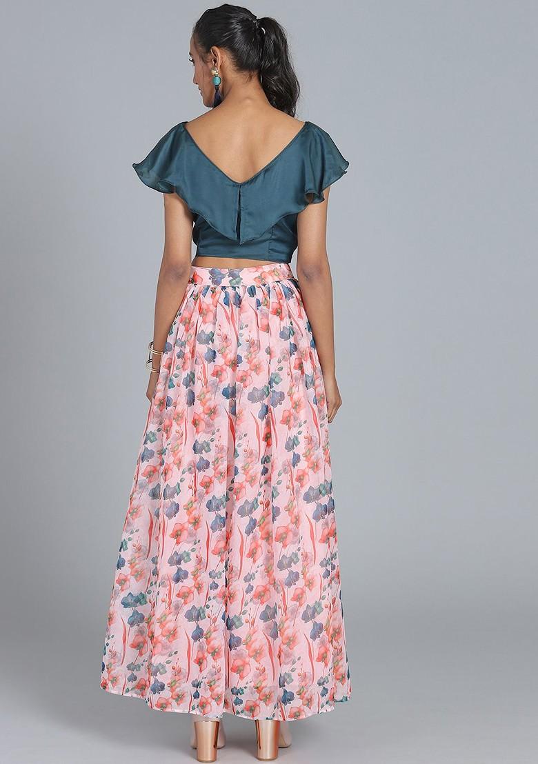 Teal Printed Poly Blend Lehenga Set