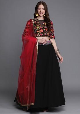 Black Embroidered Poly Blend Lehenga Set