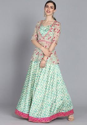 Beige Solid Poly Blend Lehenga Set